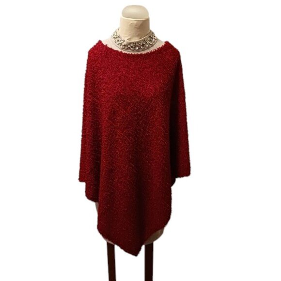 Vintage CHENILE Poncho Cape Coverup RED Long One Size Fits Most Flowy TEXTURED - Picture 12 of 13